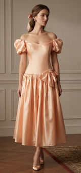 Vintage 80s Peach Satin Prom Dress ILGWU Drop Waist Puff Sleeve Bow Hi Low Photo 0