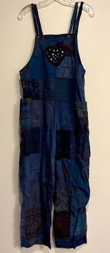 Patchwork Overalls Cotton Blue Crochet Heart Boho Hippie Women Size M Photo 0