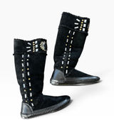 Tory Burch Moccasin Boots 8 Black Suede Crystal Rhinestone Tall Boho Sherpa Photo 0