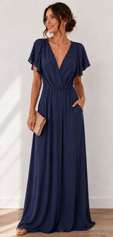 David's Bridal Navy Blue Flutter Sleeve V-Neck Chiffon Maxi Dress F19951 Size 6 Photo 0