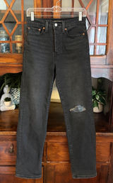 Levis Wedgie Straight Jeans 27 Black High Rise‎ Distressed Ripped Knee Photo 0