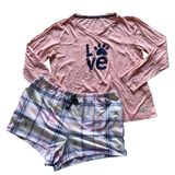 Life is Good Pajama Set Womens Large Pink Plaid Love Paw Print Loungewear Preppy Photo 0