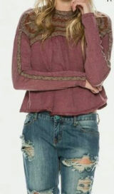 Free People Embroidered Long Sleeve Babydoll Top Plum Mauve Cotton Size Medium Photo 0