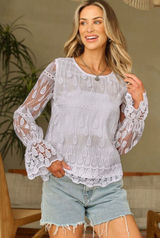 Zara White Embroidered Lace Mesh Long Sleeve Top with Bell Cuffs Size Large Photo 0