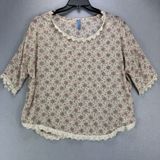 Free People Top Women's M Tan Floral Semi Sheer Crochet Trim Cottagecore Photo 0