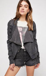 Free People Distressed Charcoal Gray Wash Cotton Shrunken Moto Jacket Size S Photo 0