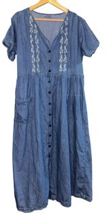 Vintage Embroidered Denim Jumper Dress‎ Women's Medium Maxi Floral Cottage ~Flaw Photo 0
