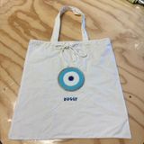 Buggy Cotton Tote Bag Embroidered Evil Eye Drawstring Tassel Blue Silver White Photo 0