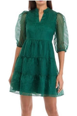 Crown & Ivy Tiered Mini Dress Womens Large‎ Green Striped Puff Sleeve Babydoll Photo 0