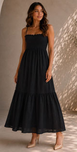 Anthropologie Marisol Smocked Gauze Maxi Dress Black Tiered Cotton Large Photo 0