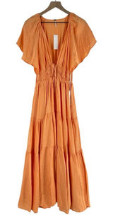 Young Fabulous & Broke Mara Dress Orange Plunging V-Neck Satin Tiered Maxi M Photo 0