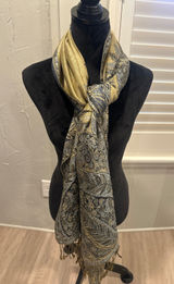 Luxurious Pashmina Silk Blend Scarf Gold Blue Paisley Tassel Fringe 26x72 winter Photo 0