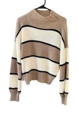 SheIn Preppy Womens Striped Mock‎ Neck Chunky Knit Sweater Beige Cream Black Size M Photo 0