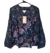 Band of The Free Josie Sapphire Blue Floral V-Neck Long Sleeve Blouse Women Sz L Photo 0