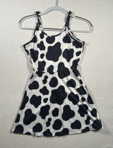 Women’s XS Black White Cow Print Mini Dress Spaghetti Strap Skater Casual Photo 0
