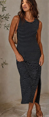 Madewell Women Black White Stripe Midi Stretch Tank Dress Sz XS Viscose Coastal Photo 0