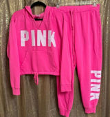 PINK Victorias Secret Cinched Crop Hoodie‎ & Sweatpants Atomic Pink Set L/XL Photo 0