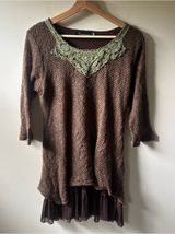 Creation Brown Knit Sweater with Olive Lace Trim Photo 0