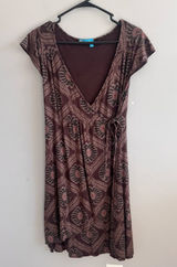 Fresh Produce Dress Small Brown Floral Faux Wrap Side Tie Made in USA Photo 0