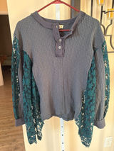 POL Womens Charcoal Grey Thermal Knit Henley Teal Floral Lace Sleeve Boho Top S Photo 0