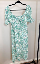 Mimi Chica Green Tropical Leaf Print‎ Smocked Square Neck Midi Dress Size M Photo 0
