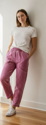 7 For All Mankind French Terry Acid Wash Set Blush Rouge Paperbag Joggers Medium Photo 0