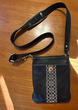 Coach Vintage Black Pebbled Leather & Signature Monogram Canvas Stripe Swingpack Crossbody Bag M0693-10796 Photo 0