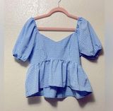 Blue Gingham Plaid Babydoll Puff Sleeve Blouse Top Photo 0