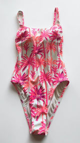 Shade & Shore Pink Palm Tree High Leg Cheeky One Piece Swimsuit Small NWT Photo 0