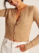 Abercrombie & Fitch Camel Ribbed Button-Front Cropped Cardigan Medium Photo 0