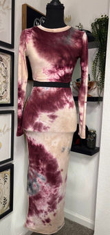 Hey Sammy 2Piece Set Maxi Skirt Crop Top TieDye Burgundy Grey Bodycon Size Small Photo 0