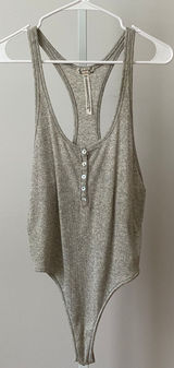 Free People L Gray Bodysuit Intimately Henley Tank Top Ribbed Knit One Piece Photo 0