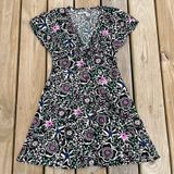 Marine Layer Dress Camila Mini V Neck Short Sleeve Black Floral Hemp Blend‎ XS Photo 0