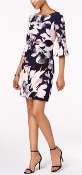 NWT VINCE CAMUTO Women’s Dress Sz 2‎ Navy Blue Floral Bell-Sleeve Shift Cocktail Photo 0