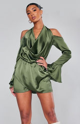 New PRETTYLITTLETHING Khaki Satin Cowl Cold Shoulder Bodycon MiniDress‎ Green 4 Photo 0