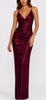 Women's Burgundy Satin Slip Dress Size 2 V Neck Spaghetti Strap Cocktail Prom Photo 0
