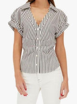 Frame striped linen blend shirred short sleeve top size medium Photo 0