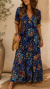 Tabitha Brown Size 0 Dress Maxi Mixed Floral Polka Dot Print Puff Sleeve Photo 0