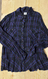 Cabi Womens XL Peplum Plaid Shirt Navy Blue Black Rayon Button Up Top Photo 0