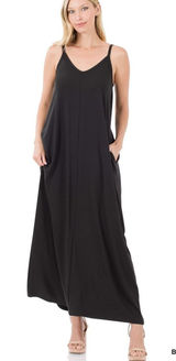 Zenana V-Neck Cami‎ Maxi Dress with Side Pockets - Large Photo 0