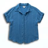 Caslon Women Blue Double Gauze Cotton Short Sleeve Button Up Shirt Large Photo 0