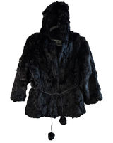 Wilsons Leather Maxima Genuine Fur Coat Hooded Black Belted Pom Luxury‎ Small Photo 0