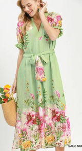 Umgee Mix Floral‎ Border Print Midi Dress - Sage Mix - Small Photo 0