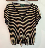 Lauren Ralph Lauren Womens XL Black Tan Striped 100% Linen V-Neck Knit Top Photo 0