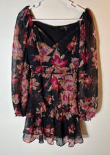 Lulus Dramatically Dreamy Black Floral Chiffon‎ Tiered Lurex Mini Dress Medium Photo 0