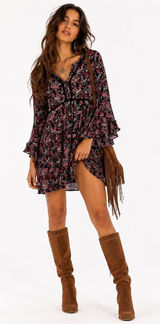 NWT C'isa Floral Print Mini Dress Black Boho Bell Sleeve Crochet Trim Size S Photo 0