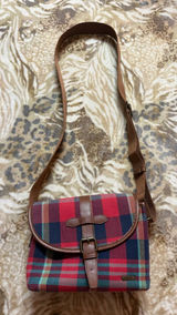 Ciesta red, blue, and beige plaid crossbody bag with leather accents Photo 0