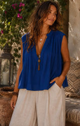 Free People Small Tank Top Pleated Back Boho V-Neck Oversized Royal Blue Photo 0