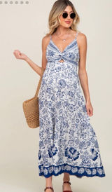 Pinkblush Blue and White Floral Maxi Dress with Twist Front Photo 0