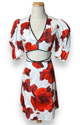 Autumn Adeigbo Mini Dress Womens 2 Gisele Red White‎ Floral Cutout Puff Sleeve Photo 0
